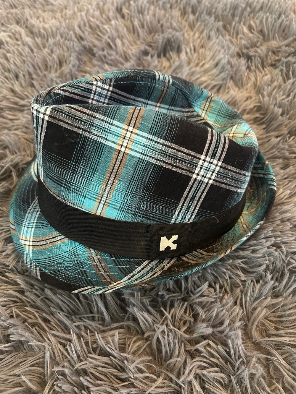 Kenny k Plaid Teal & Black Fedora with Signature Logo
